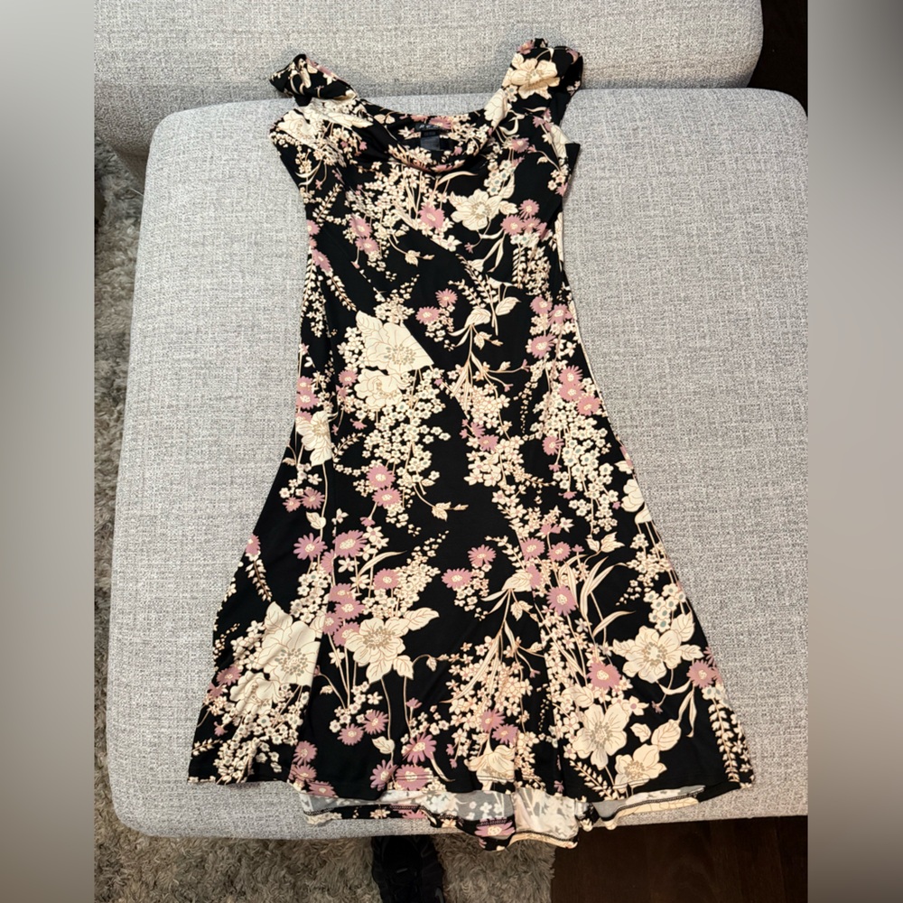 BCBG Black Midi Skirt with Cream and Pink Floral Pattern